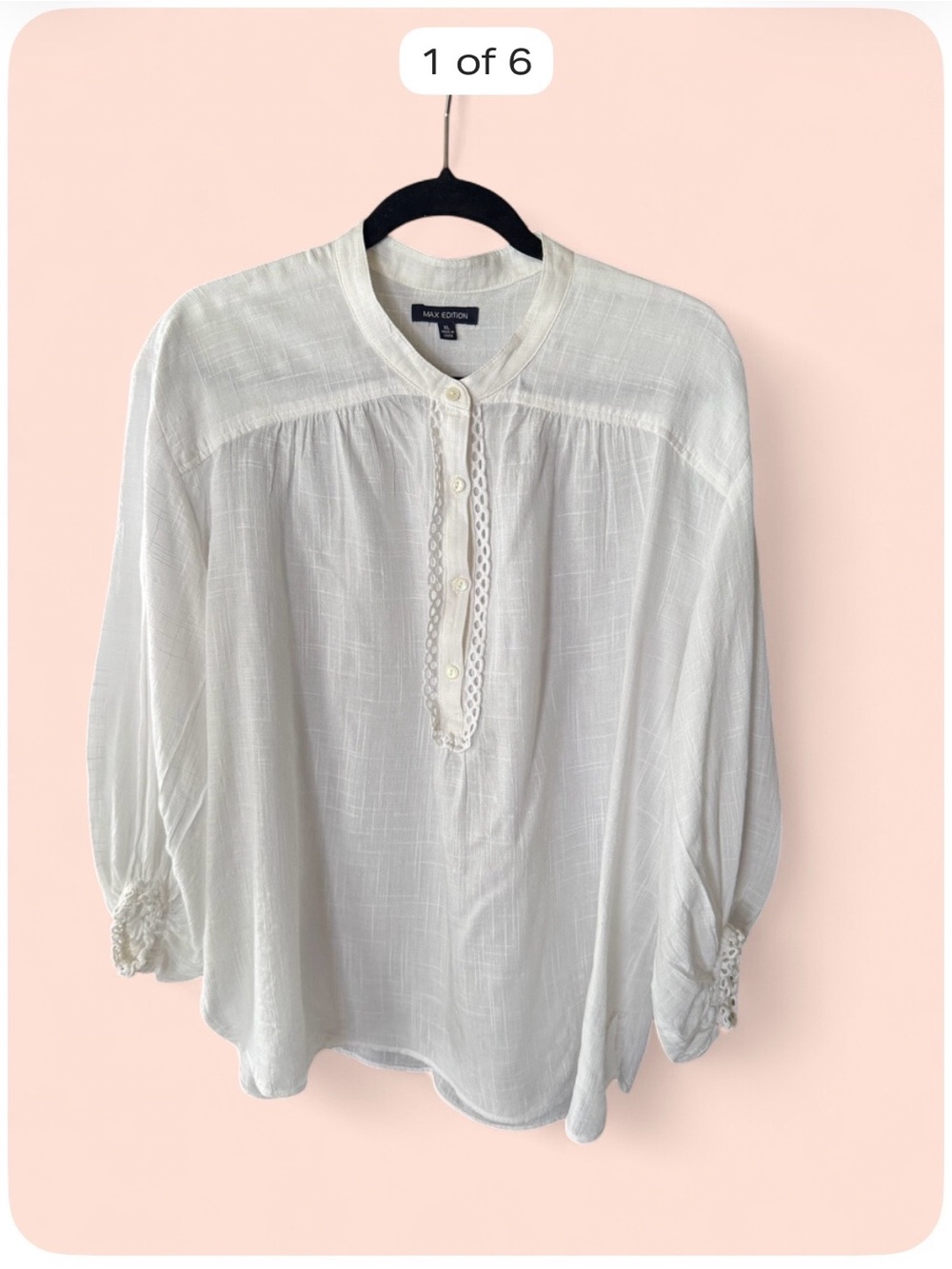 Max Edition Women’s XL Cream Blouse Lace Trim Boho Peasant Top Cotton Rayon
